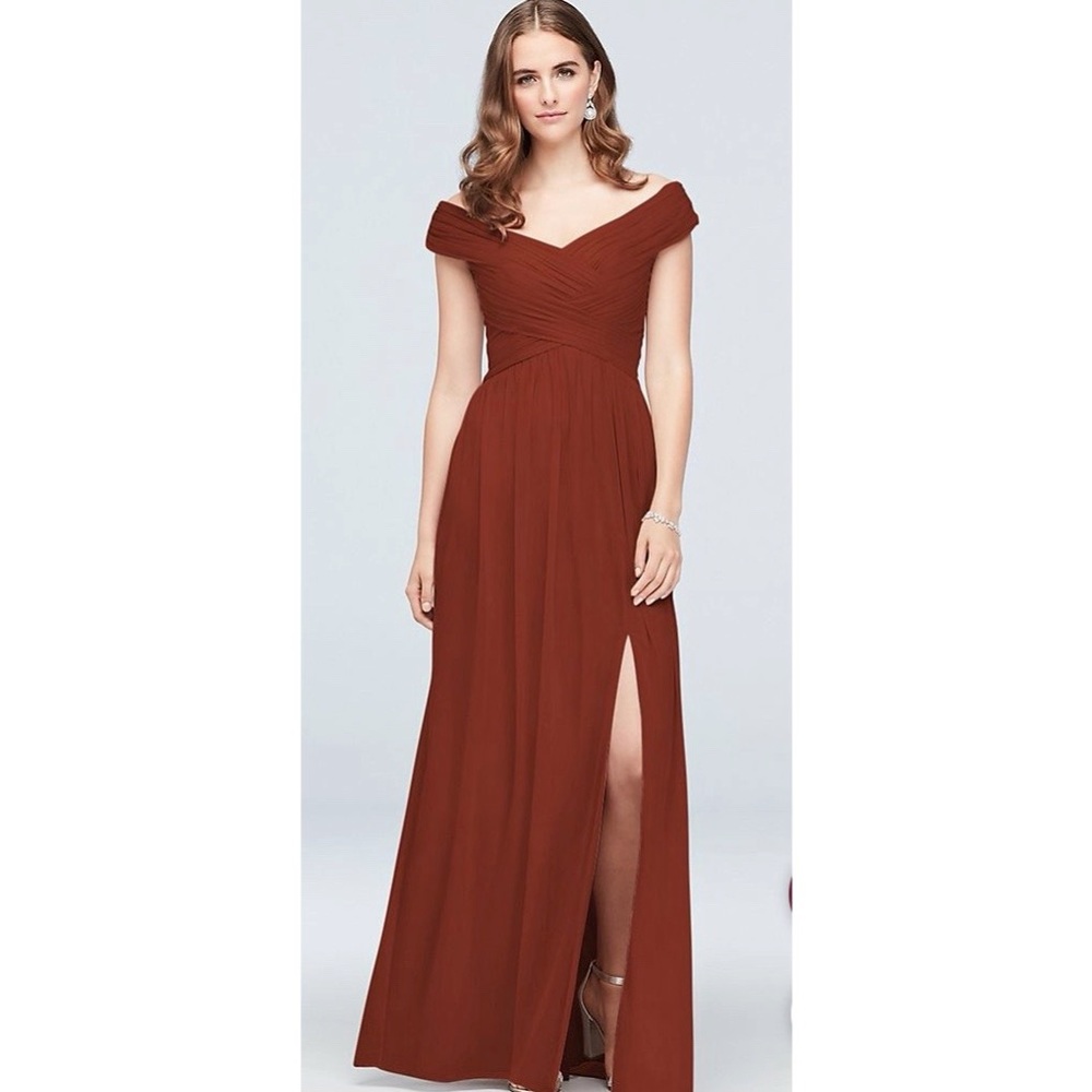 David's Bridal Rust Off-Shoulder Wedding Dress (cinnamon)